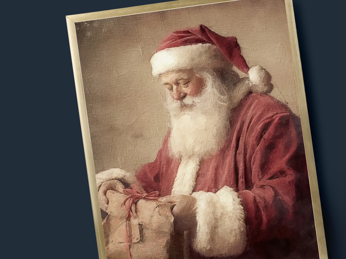 Santa Claus with a Gift Sack Vintage Oil Painting Christmas Poster - Image 2