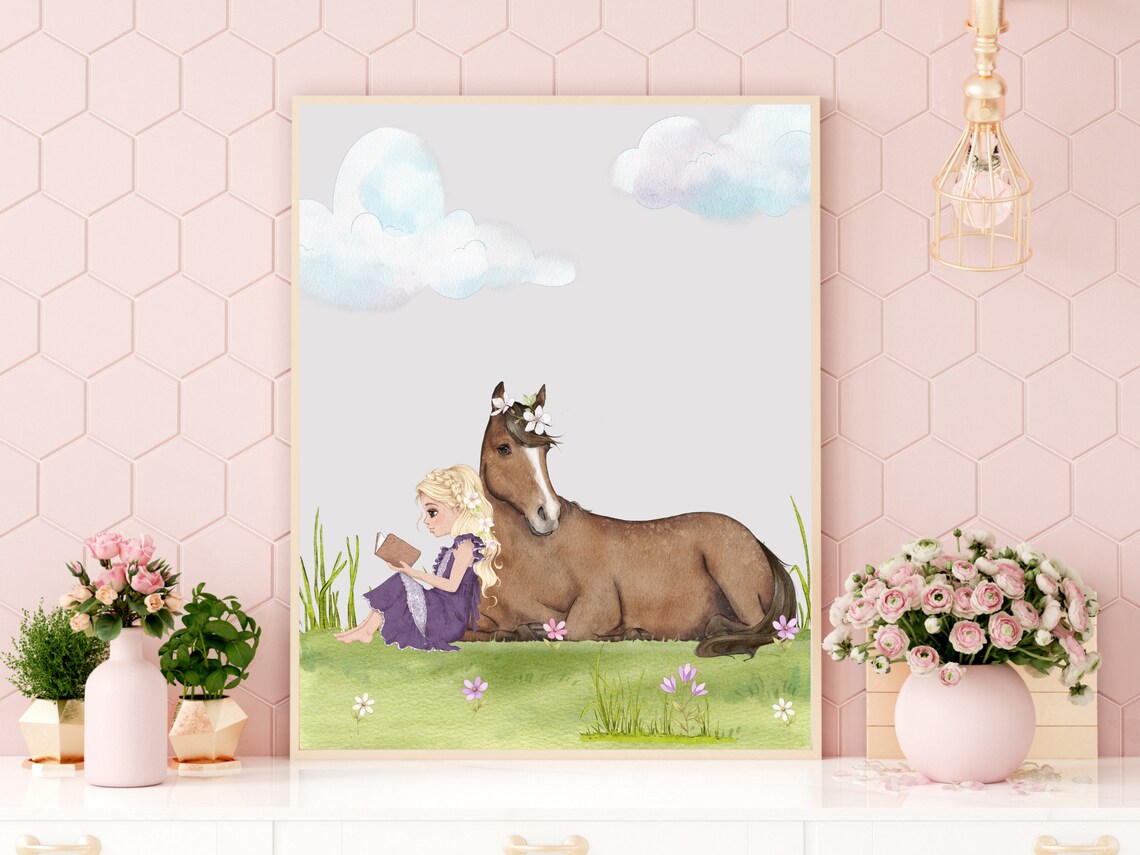 Blonde Girl Reading To Brown Horse Watercolor Fairytale Nursery Poster - Image 4
