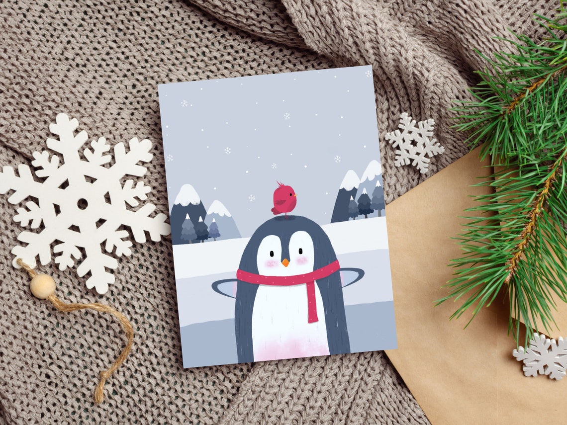 Cute Penguin With Red Scarf And Red Bird Winter Nursery Poster - Image 4