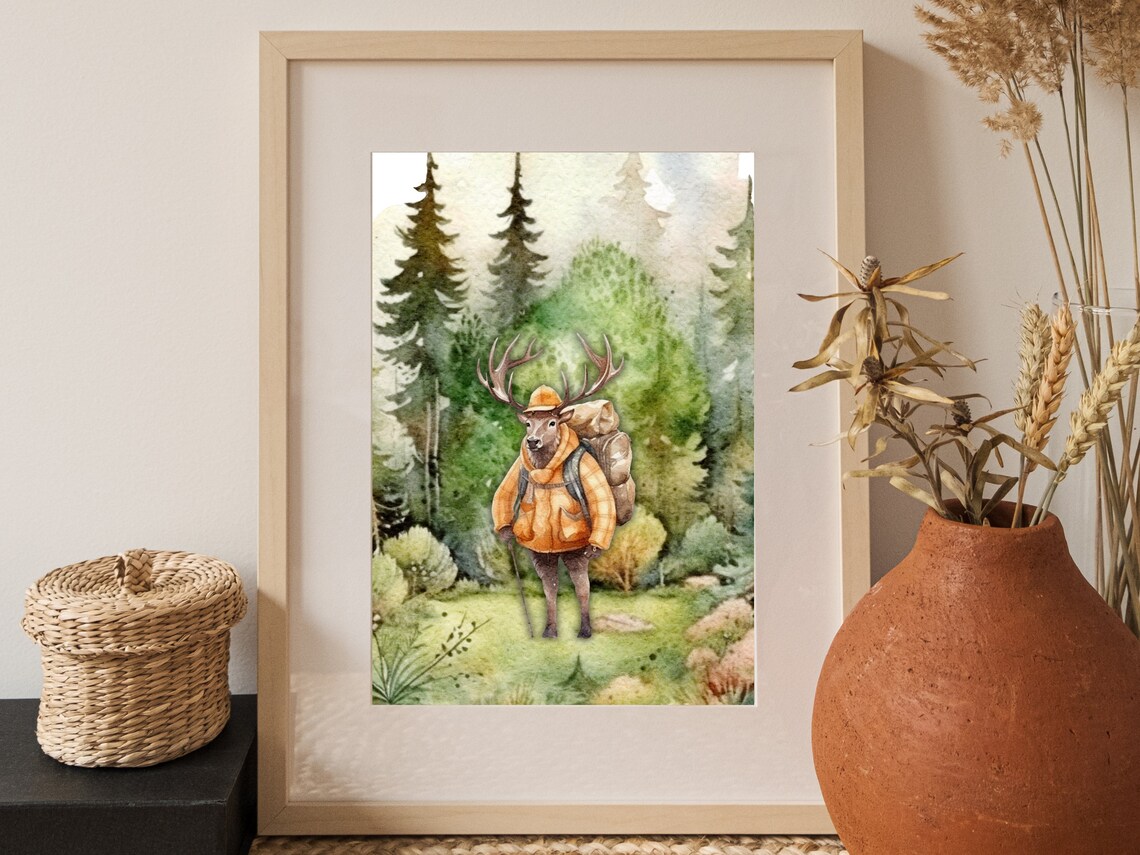 Deer Hiker with Backpack and Trekking Poles Forest Nursery Poster - Image 2