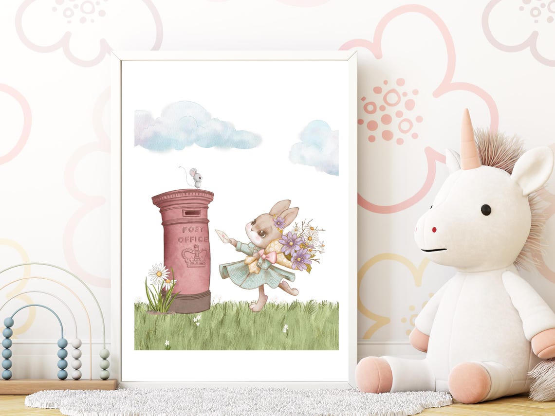 Cute Storybook Style Print Watercolour Bunny Nursery Decor Whimsical Girl Room Wall Art Quaint Town Scene Little Girls Room Art - Image 4