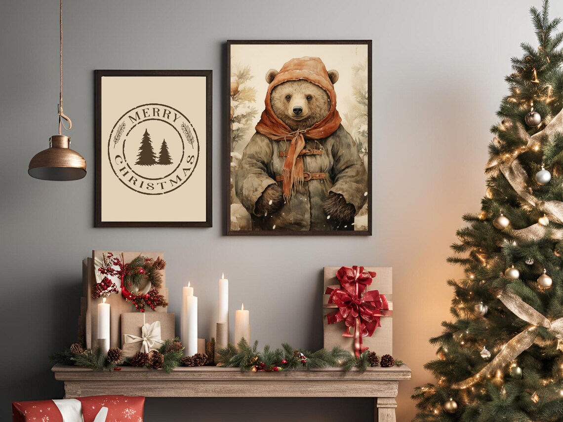Brown Bear In Winter Coat Orange Hood Snowy Forest Nursery Art Poster - Image 3