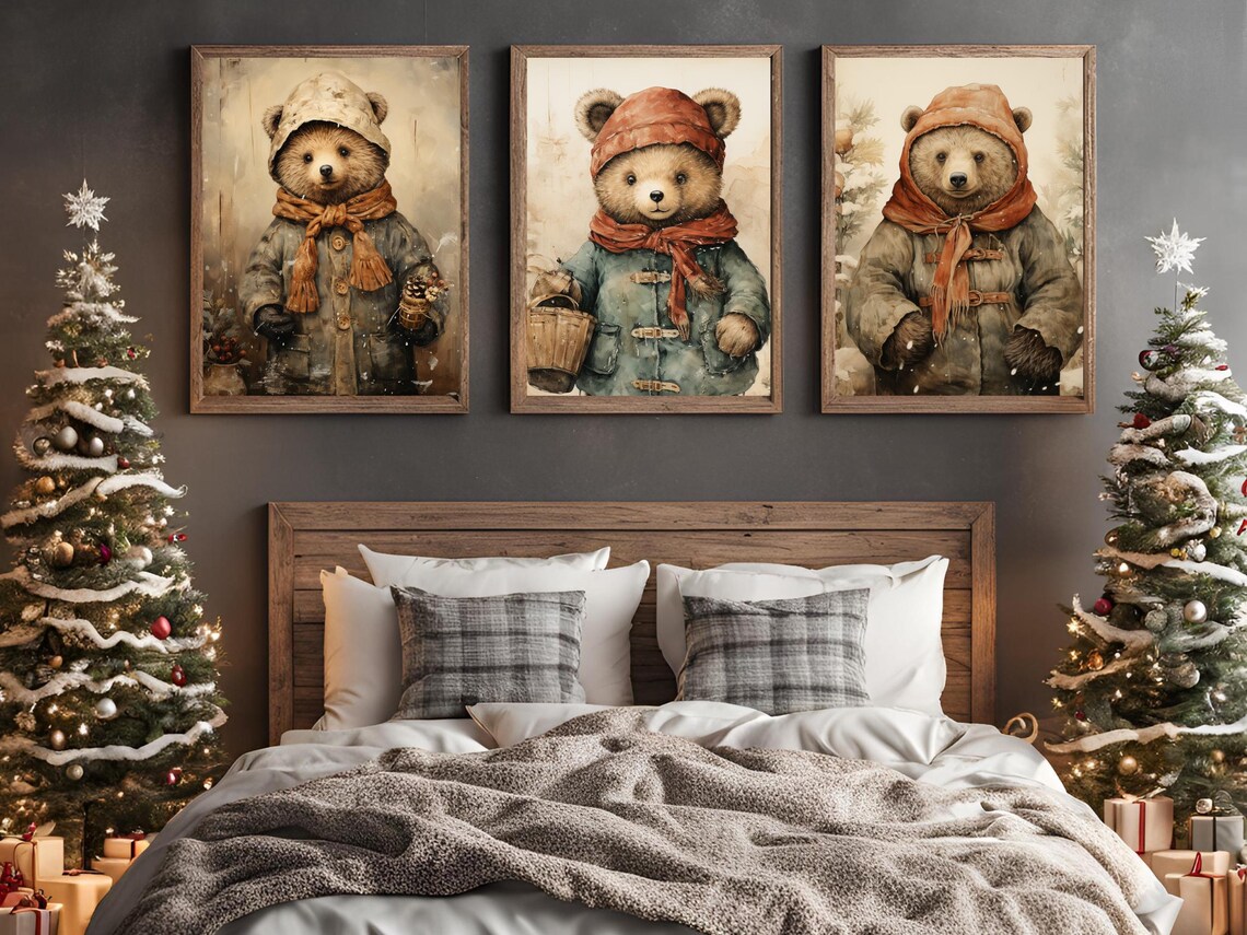 Brown Bear In Winter Coat Orange Hood Snowy Forest Nursery Art Poster - Image 4