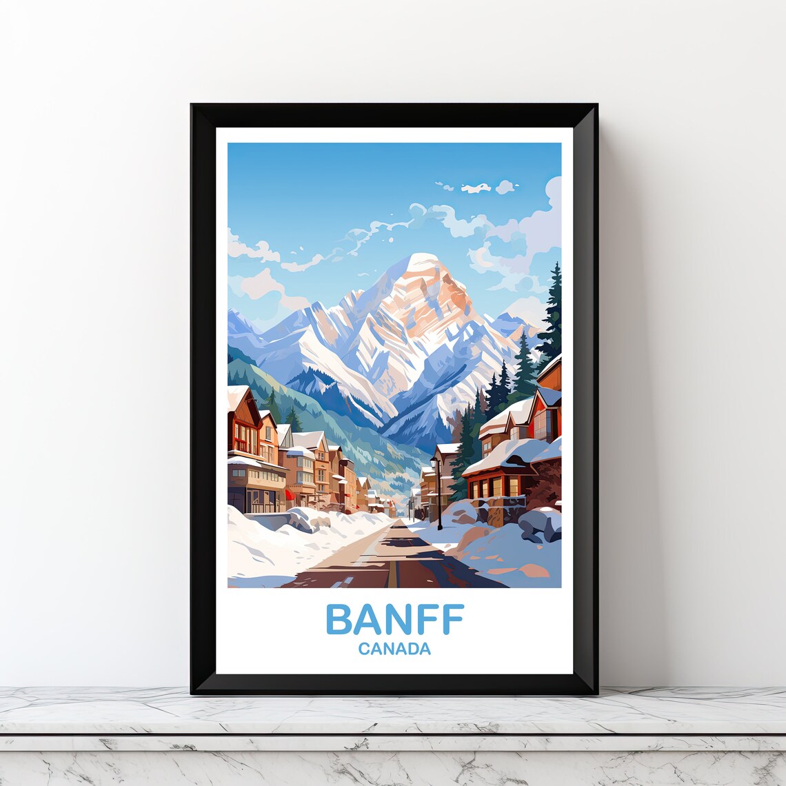 Banff Canada Snowy Mountain Village Winter Scene Travel Poster