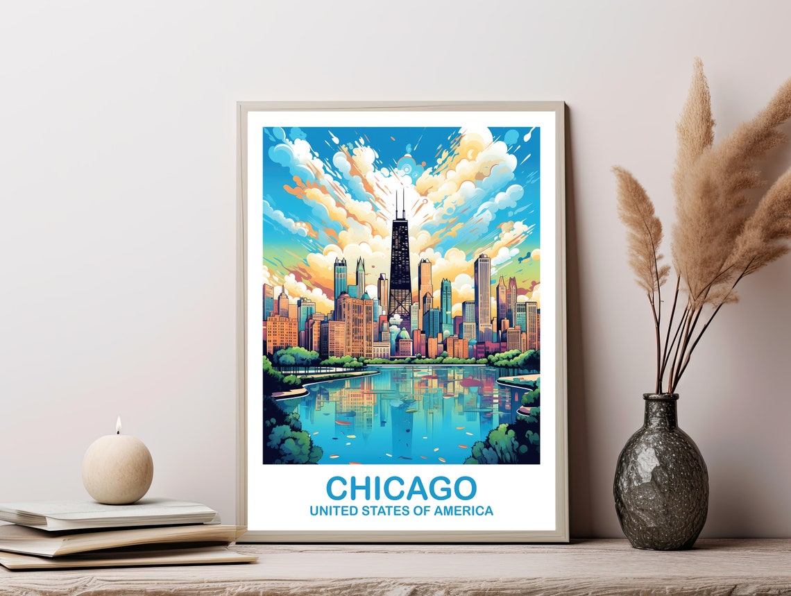 Chicago USA Skyline Lake Reflection Daytime Cityscape Art Poster - Image 2
