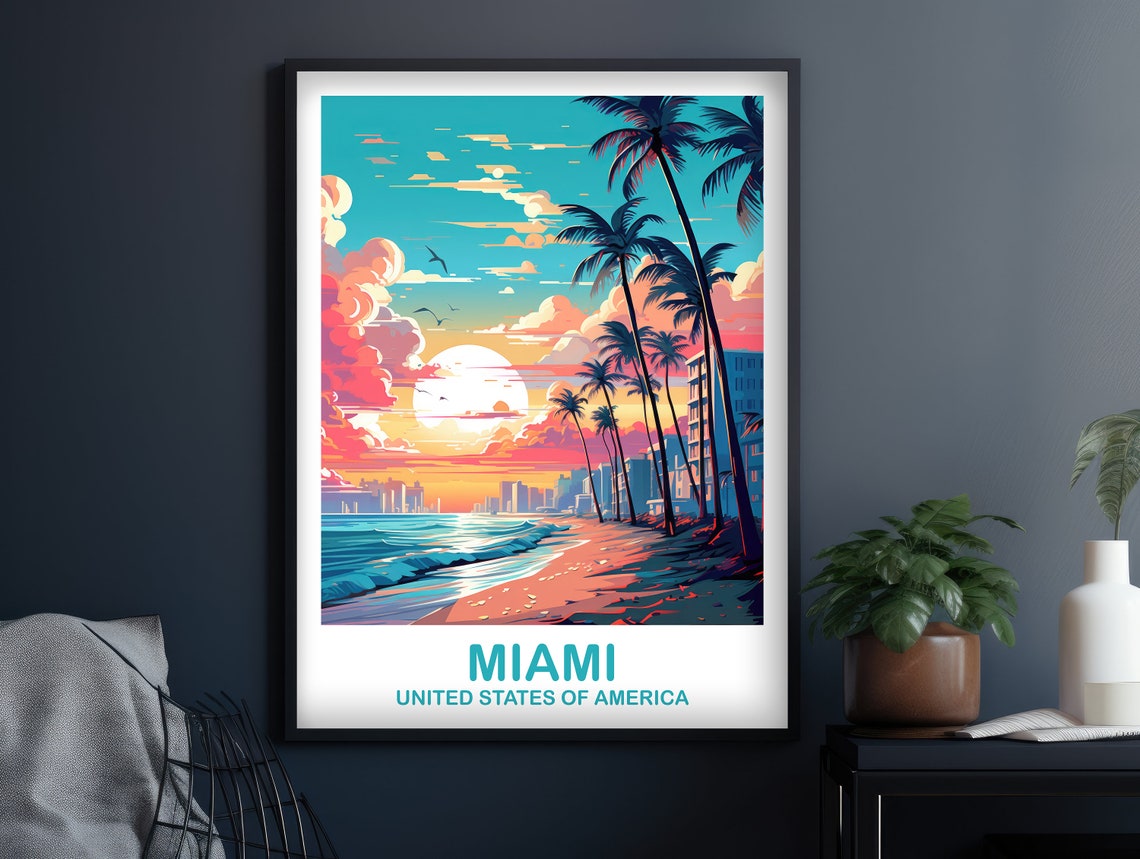 Miami Beach Sunrise Palm Trees Ocean Waves Vintage Art Poster - Image 3