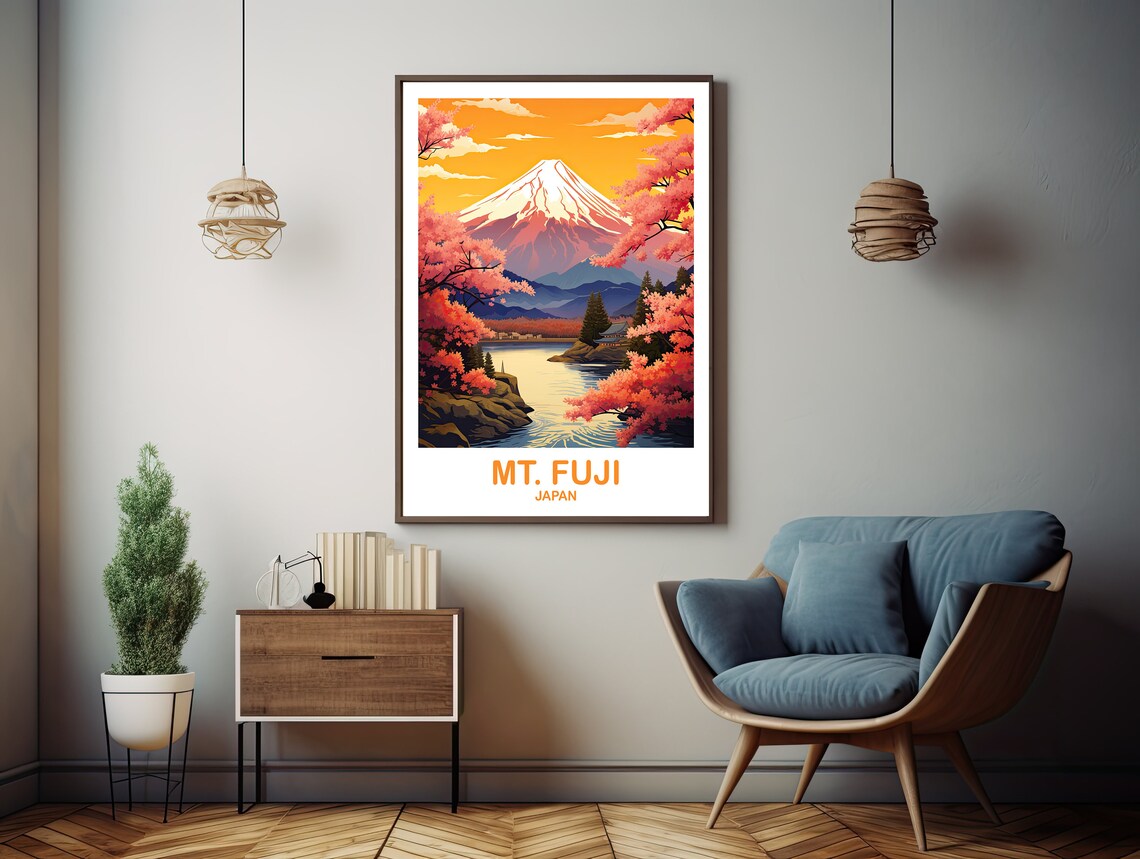 Mount Fuji Golden Sunset Lake Shrine Cherry Blossom Travel Poster - Image 3
