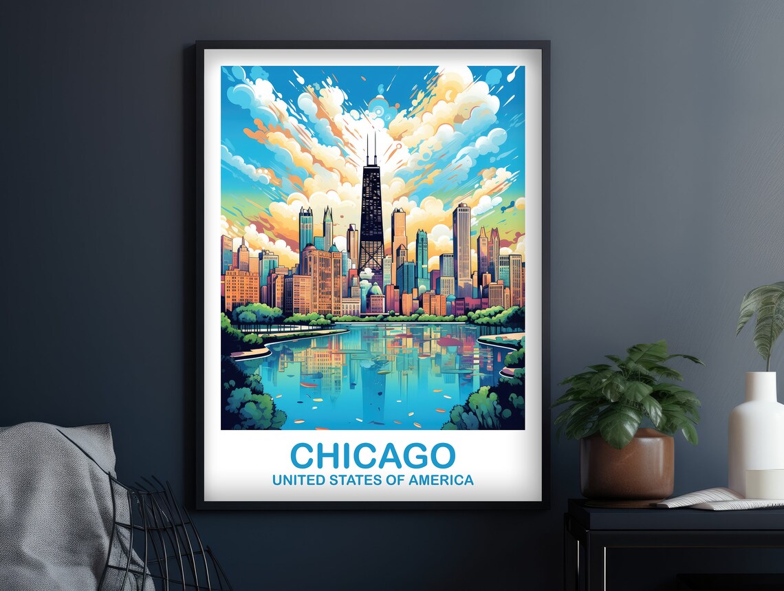 Chicago Illinois Skyline Lakefront Sunset Colorful Clouds Travel Poster - Image 2