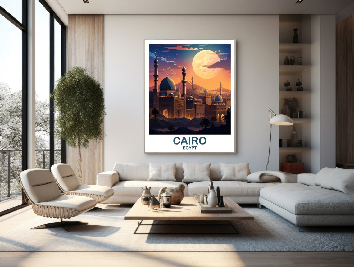 Cairo Egypt Moonlit Mosque Skyline with Giant Moon Travel Poster - Image 2