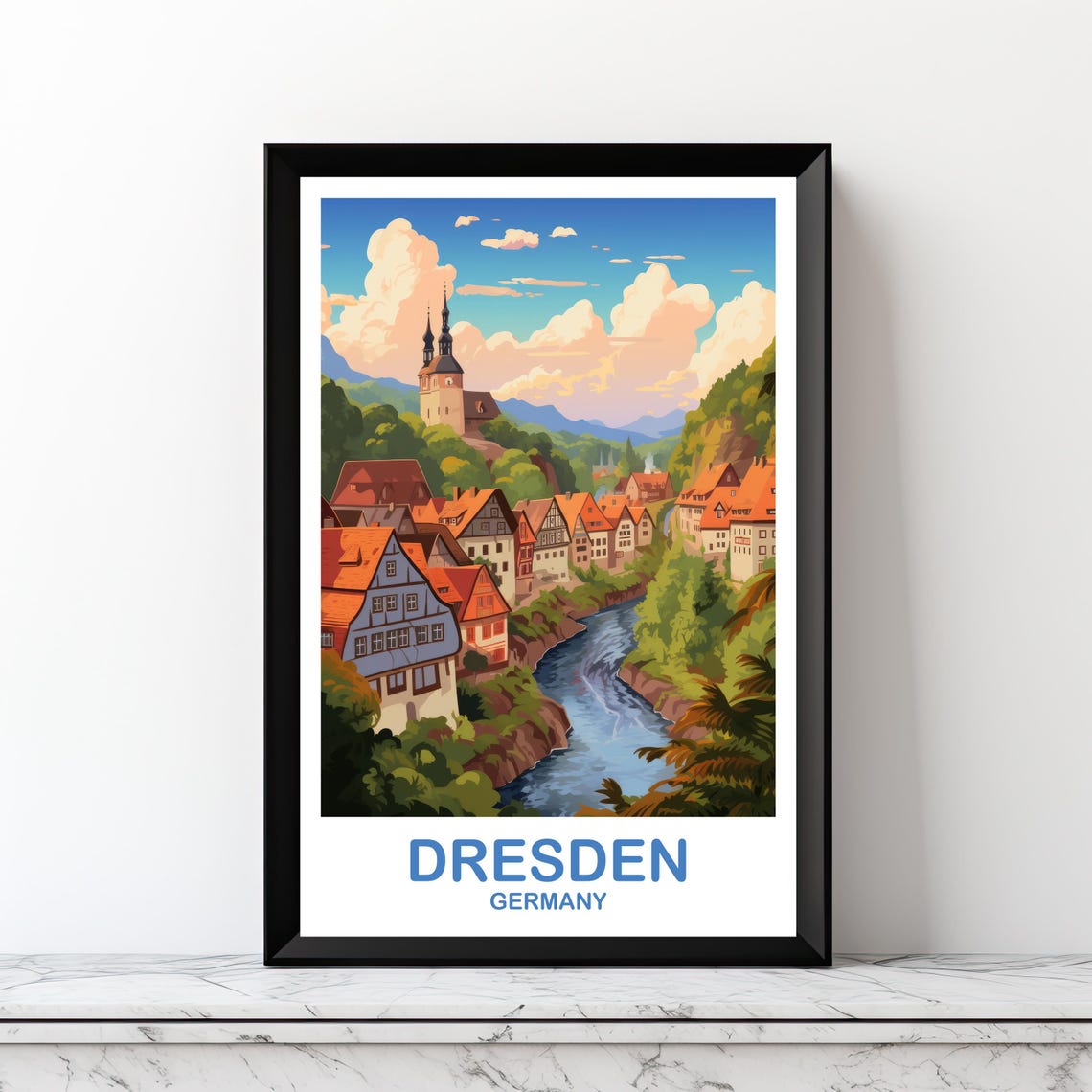 Dresden Germany Old Town Riverside Vintage Style Travel Art Poster