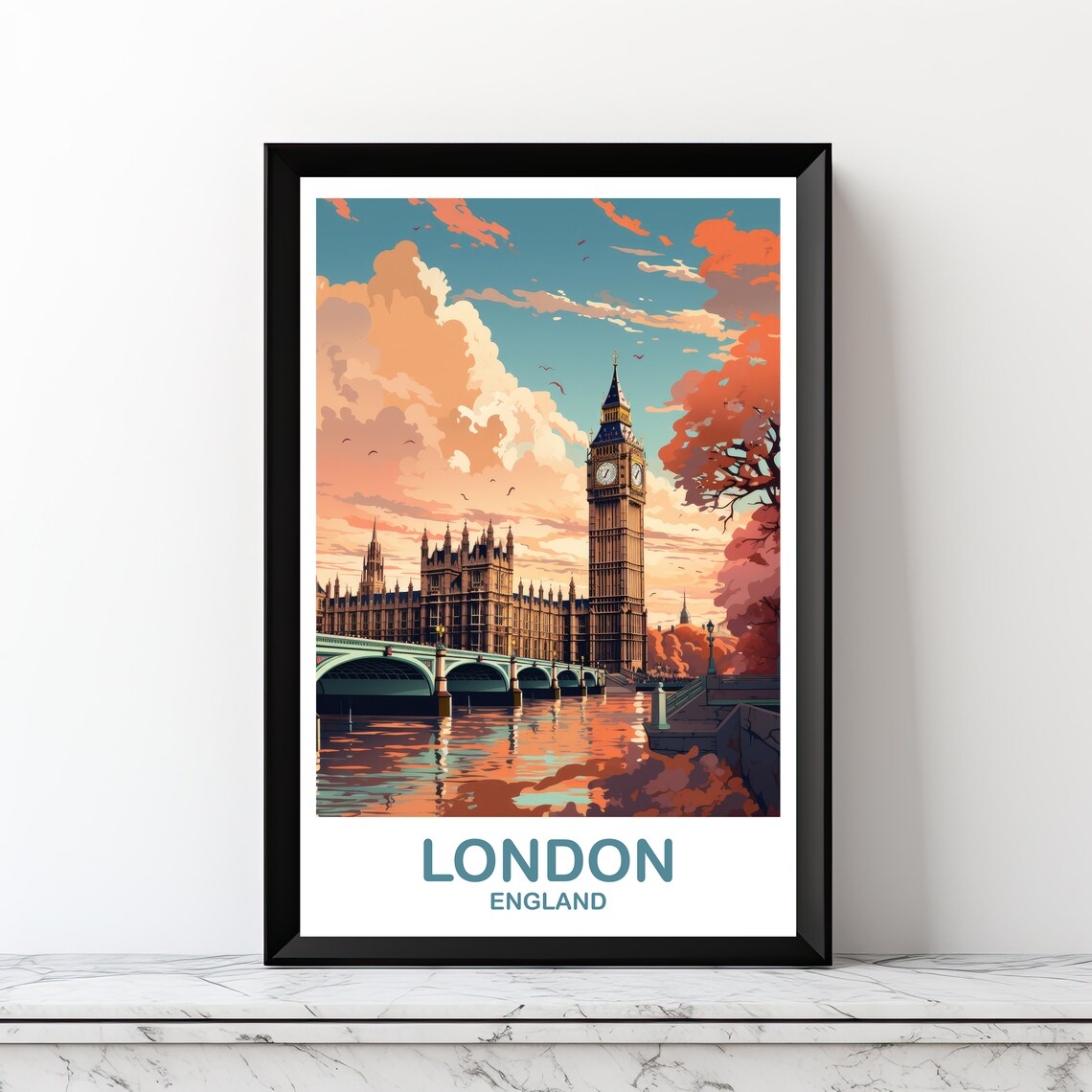 London England Big Ben Sunset Vintage Style Travel Art Poster