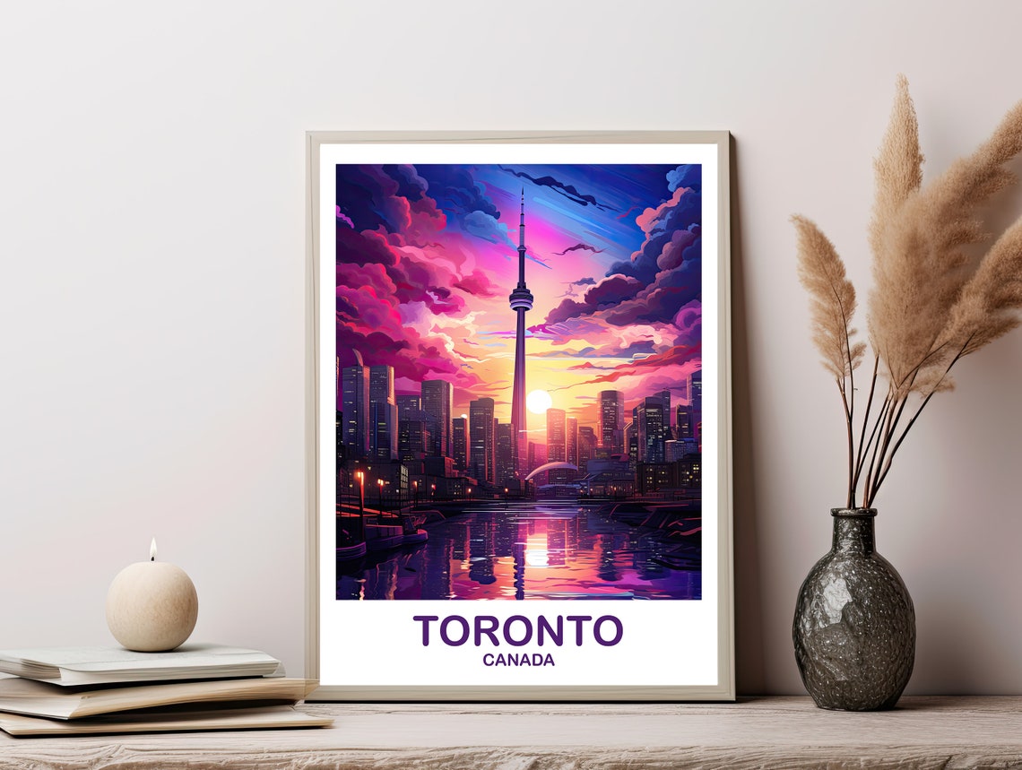 Toronto Canada Purple Sunset CN Tower Harbor Cityscape Art Poster - Image 2