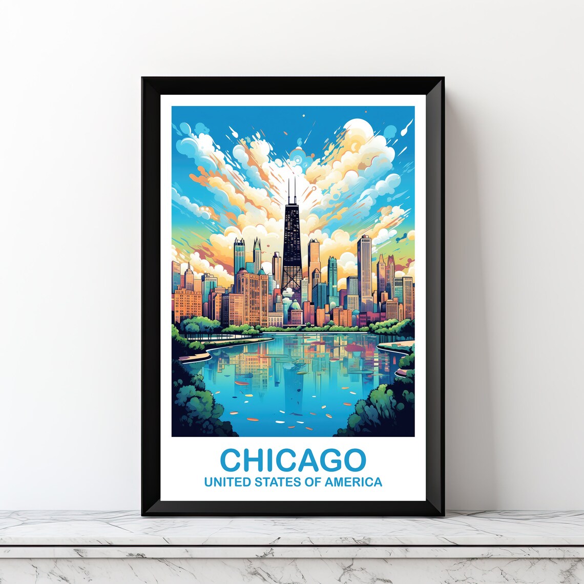 Chicago USA Skyline Lake Reflection Daytime Cityscape Art Poster
