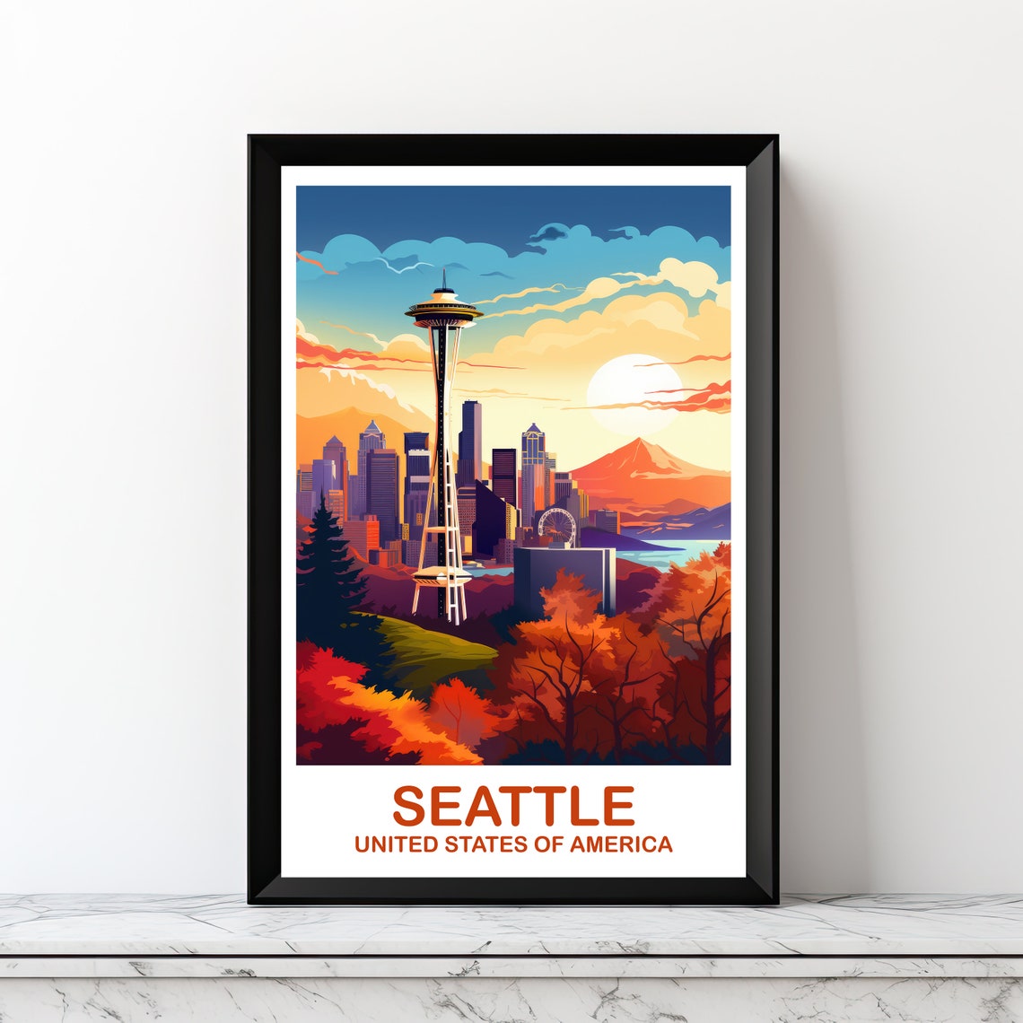 Seattle Space Needle Sunset Skyline Mountain View Travel Poster