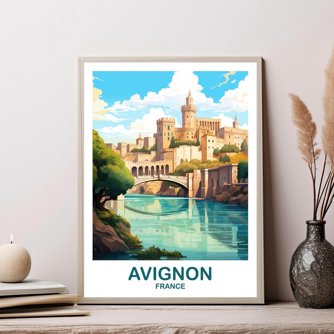 Avignon France Vintage Travel Poster Papal Palace River Bridge Skyline