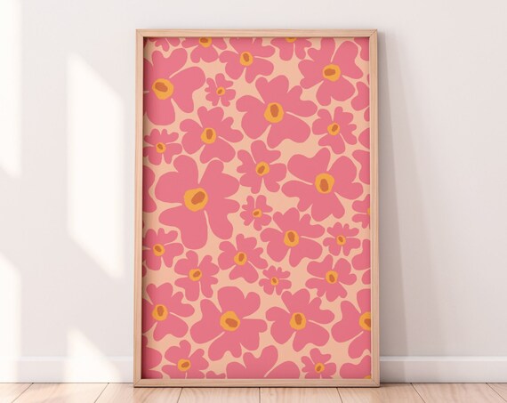 Wavy Flowers Pink Preppy Abstract Wall Art Print