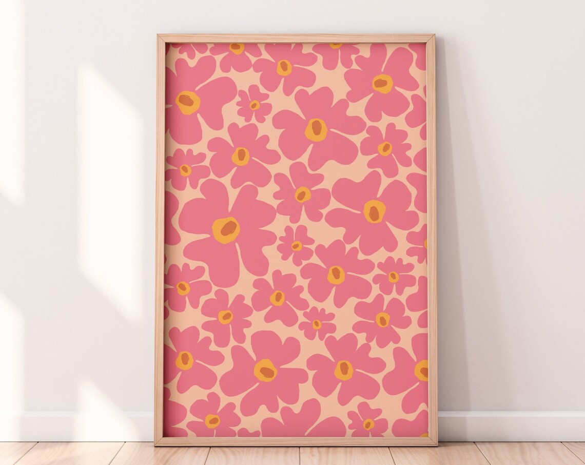 Wavy Flowers Pink Preppy Abstract Wall Art Print