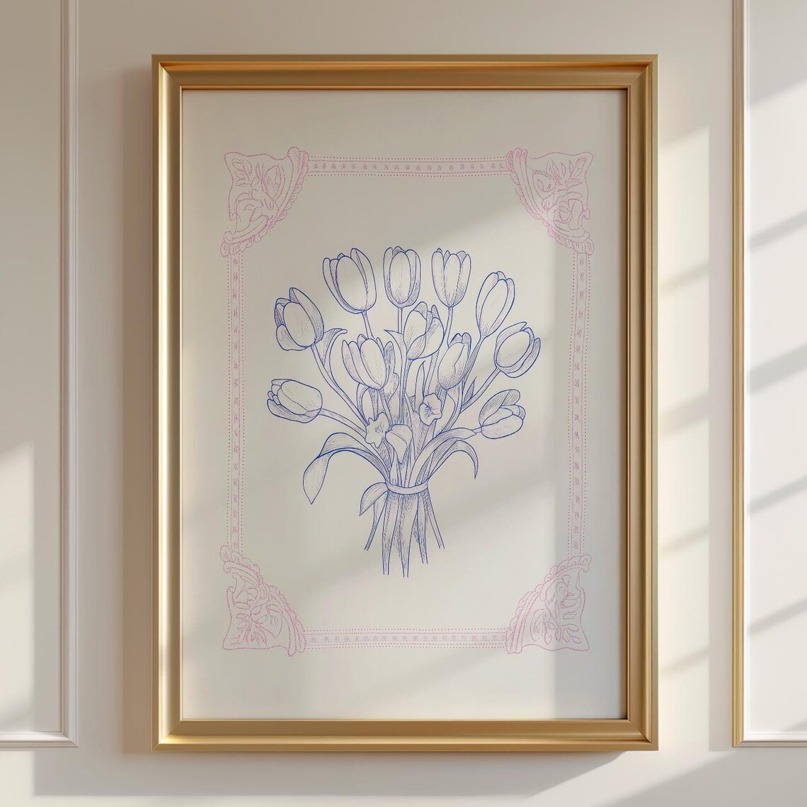 Blue Tulip Line Drawing Botanical Sketch Vintage Floral Art Poster