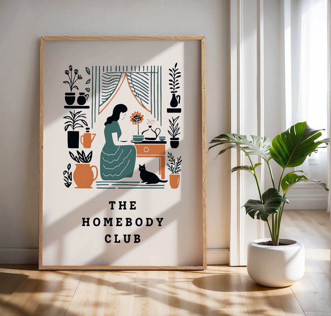 Cozy The Homebody Club Boho Woman Plants Cat Illustration Poster