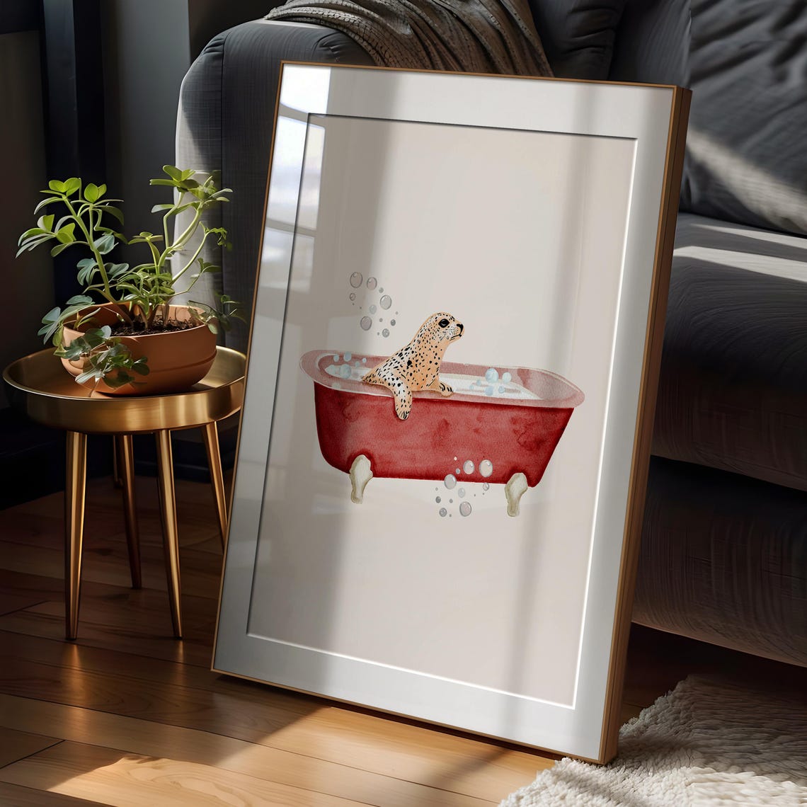Spotted Seal in a Red Bathtub Funny Watercolor Bathroom Poster - Image 3