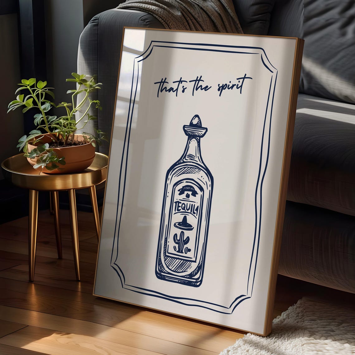 Thats the Spirit Tequila Bottle Navy Line Art Bar Cart Print - Image 3