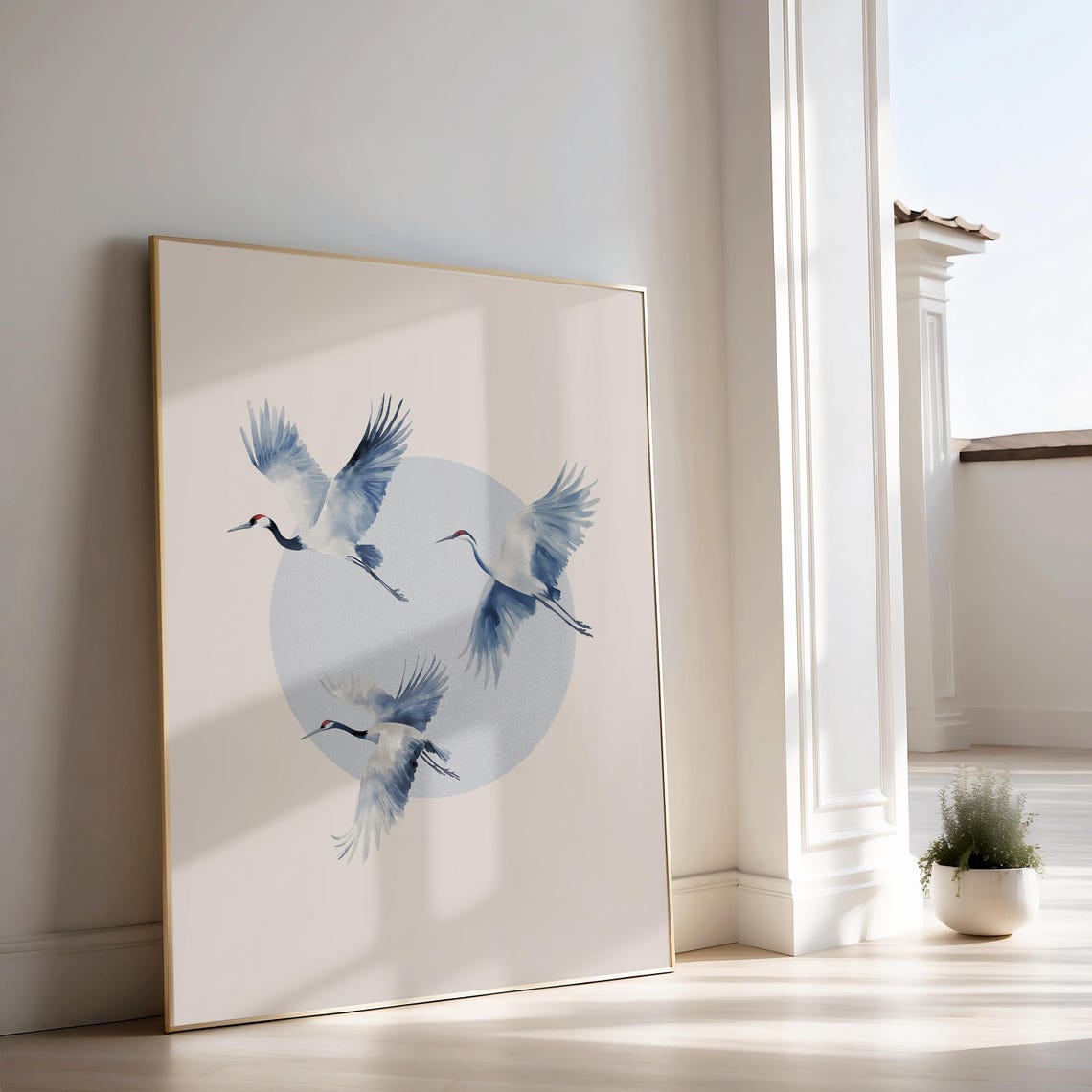 Three Flying Cranes Japanese Watercolor Bird Poster with Moon Art - Image 3