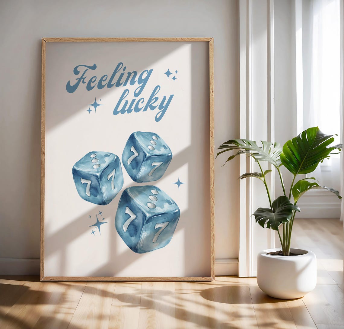 Feeling Lucky Blue Watercolor Dice Sevens Retro Casino Poster - Image 4