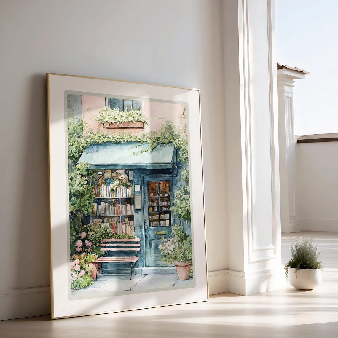 Charming Bookshop Storefront Watercolor Poster for Book Lovers - Image 2