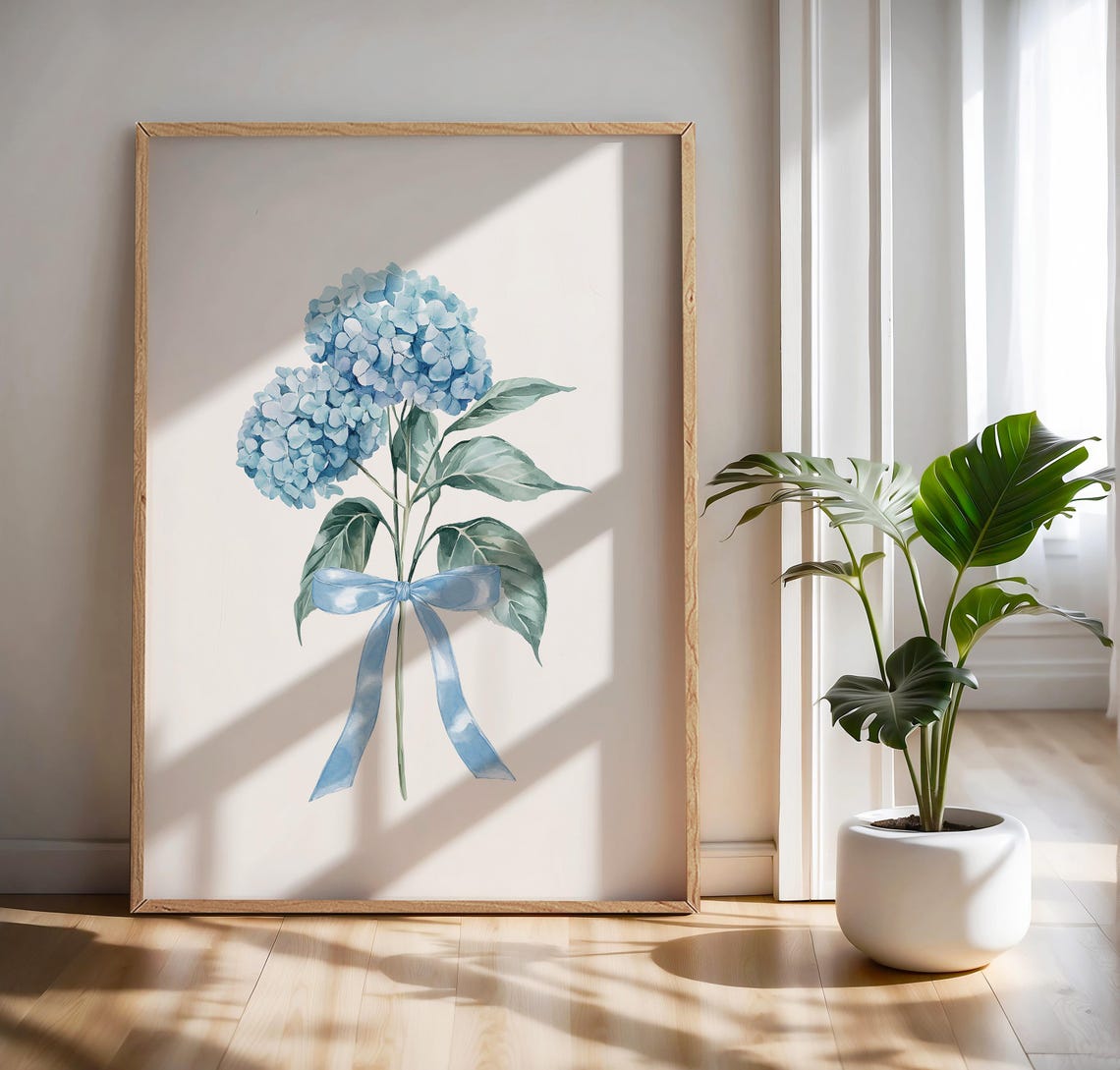 Blue Hydrangea Bouquet Bow Watercolor Botanical Flower Wall Art
