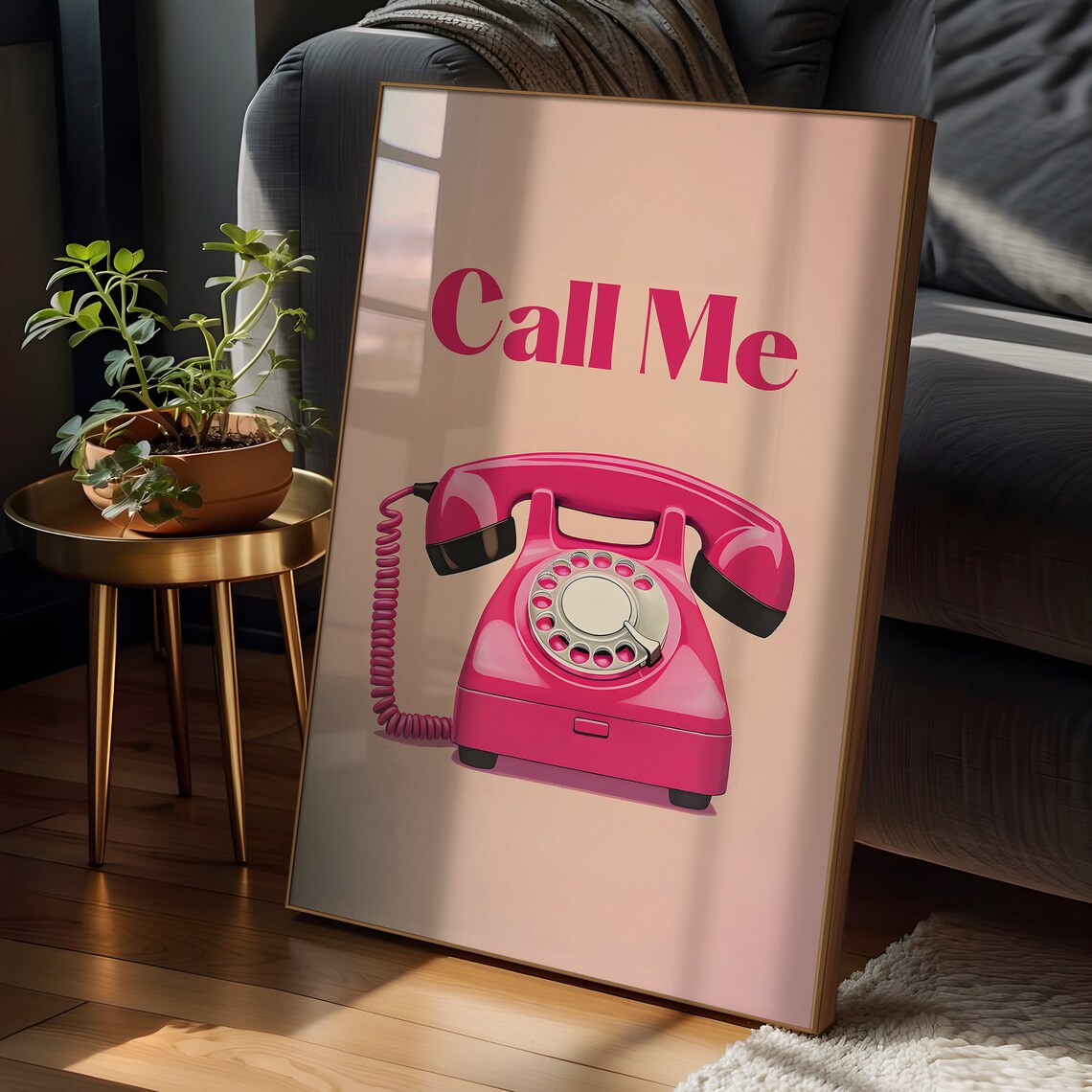 Call Me Poster with Pink Retro Rotary Phone Vintage Phone Decor