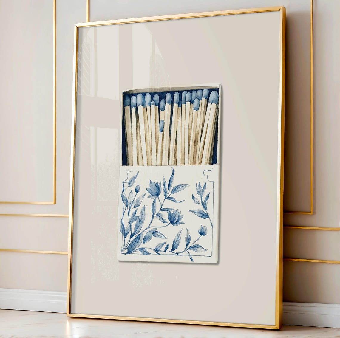 Blue Floral Matchbox Watercolor Matches Still Life Art Print