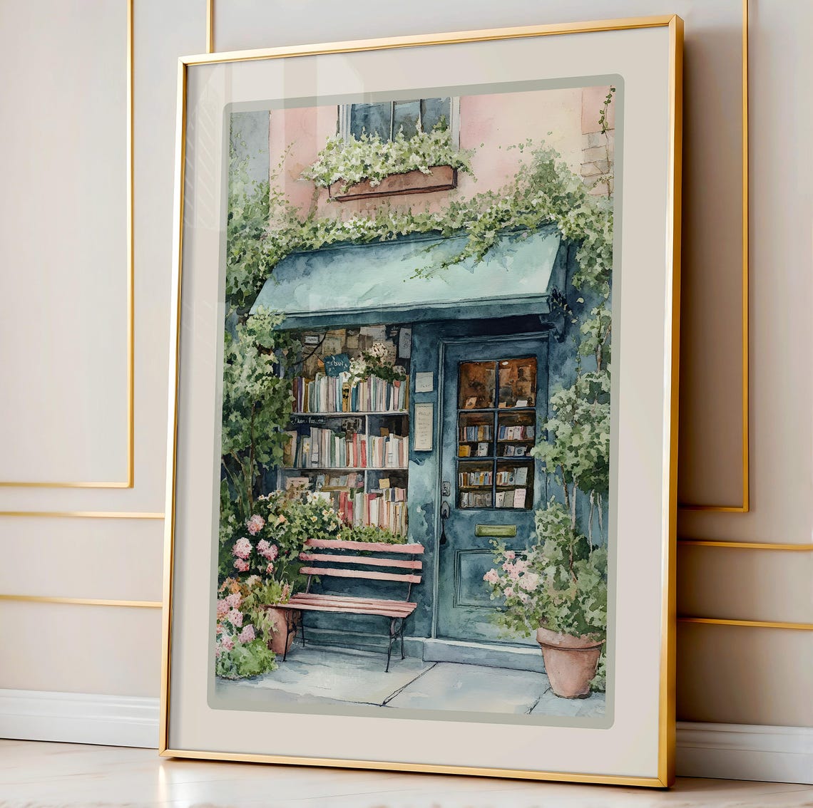 Charming Bookshop Storefront Watercolor Poster for Book Lovers