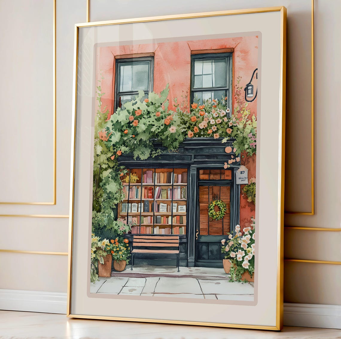 Cozy New York Bookshop Watercolor Floral Storefront Art Poster