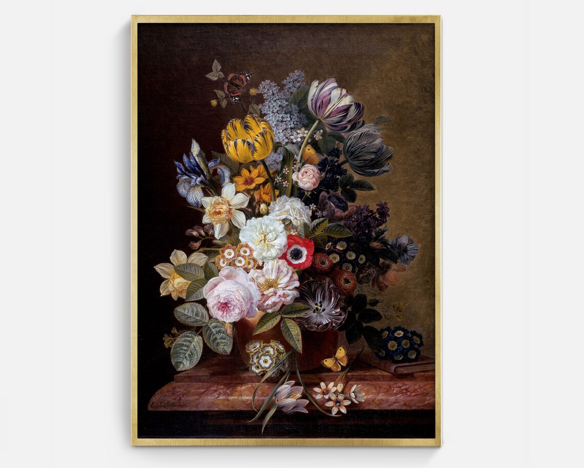 Vintage Floral Still Life Art Print, Moody Style