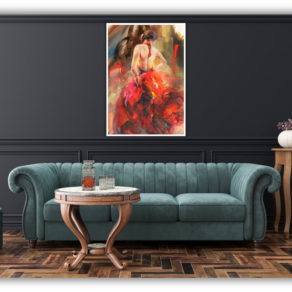 Spanish Flamenco Dancer Red Ruffled Dress Back View Oil Art Poster - Image 4