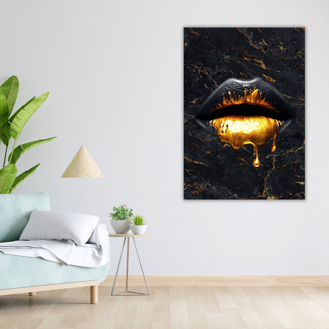 Gold Dripping Lips On Black Marble Glam Luxury Wall Art Poster - Image 4