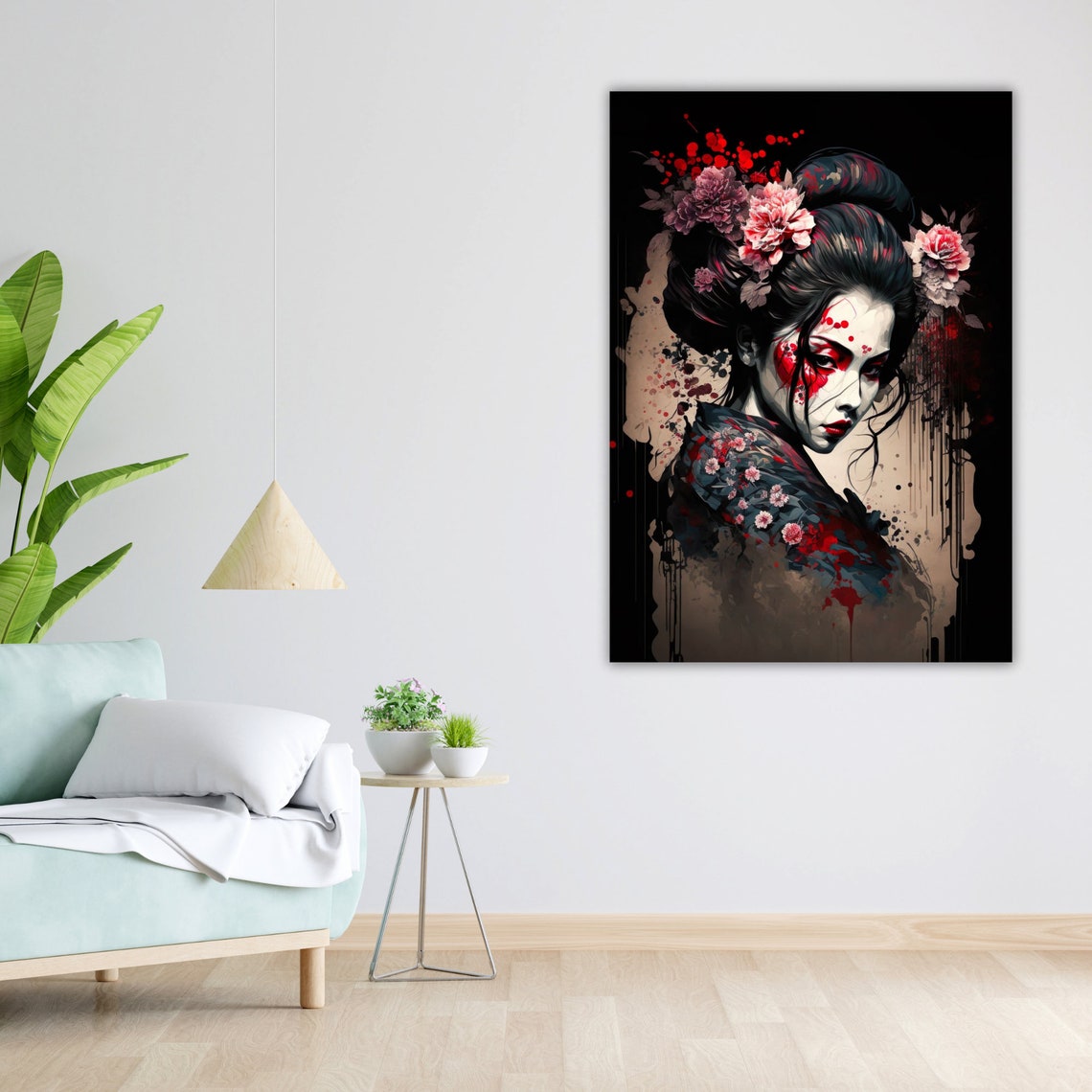 Japanese Geisha Ink Portrait Cherry Blossoms Red Black Wall Poster - Image 4