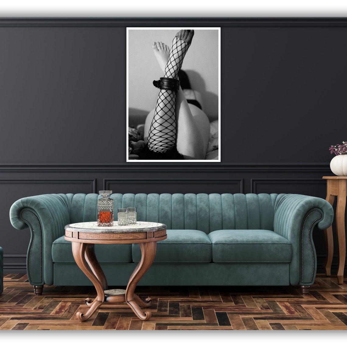 Woman Fishnet Stockings Leather Cuff Moody Black White Art Poster - Image 2