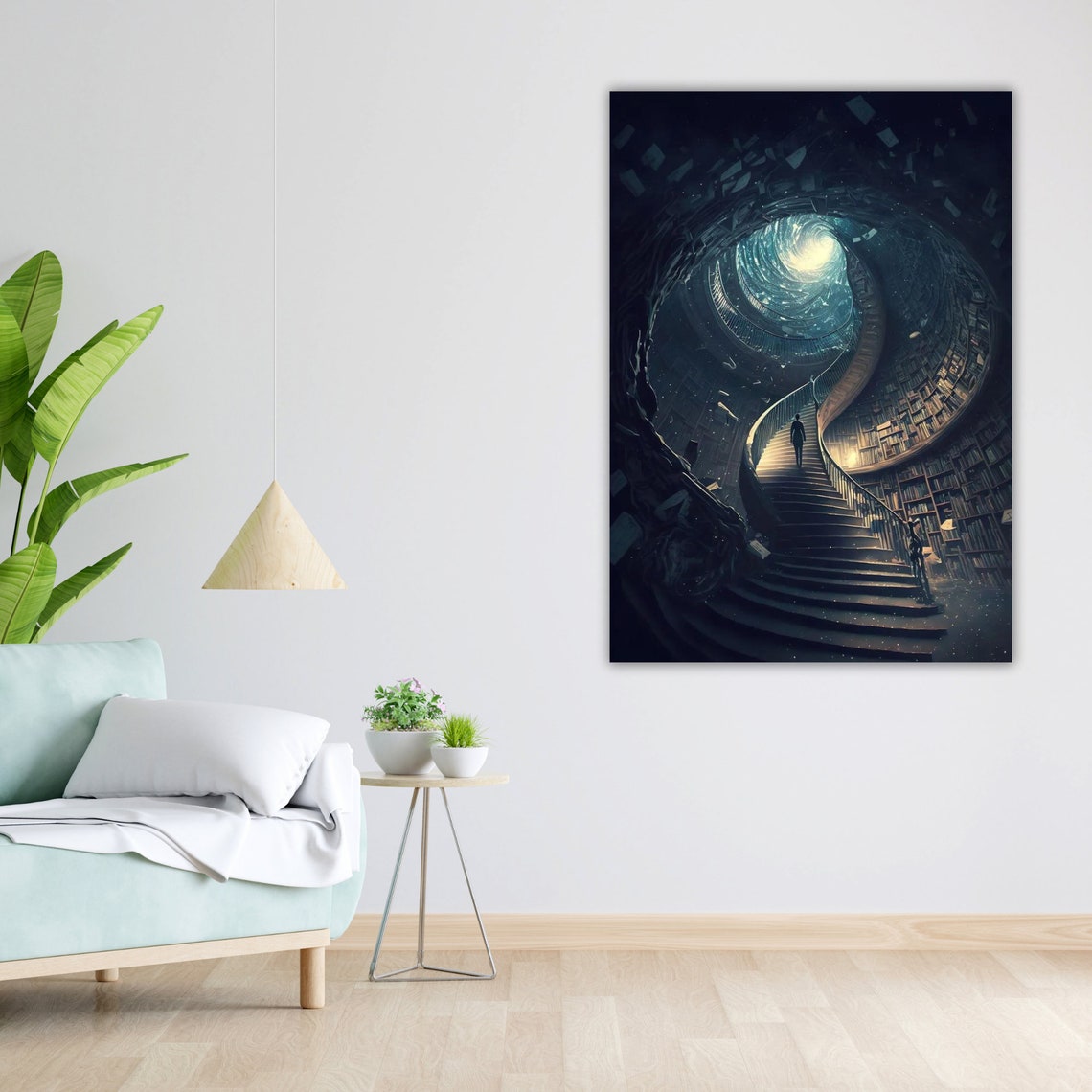 Endless Spiral Library Staircase Towering Bookshelves Fantasy Poster - Image 4
