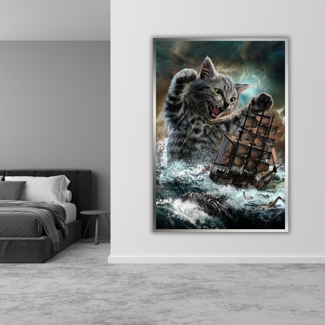 Giant Kitten Attacking Tall Ship Stormy Sea Funny Whimsical Cat Poster - Image 4