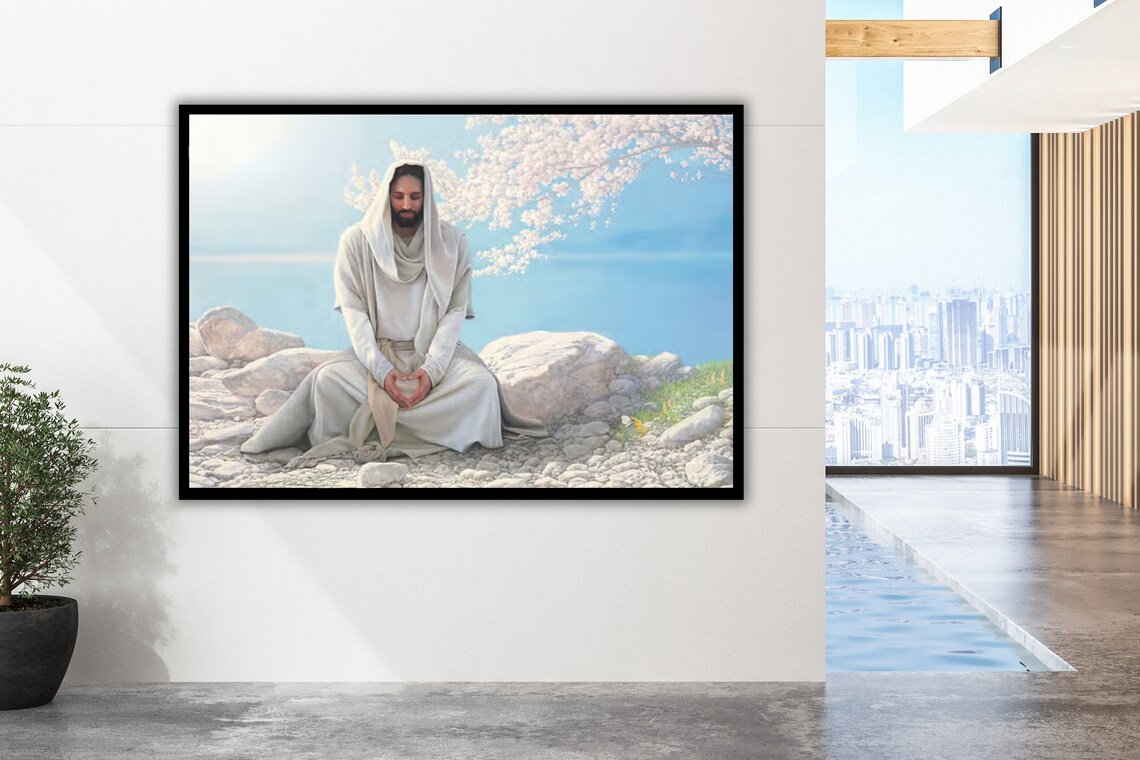 Jesus Sitting On Rocky Shore Hands In Heart Shape Peaceful Christian Poster - Image 2