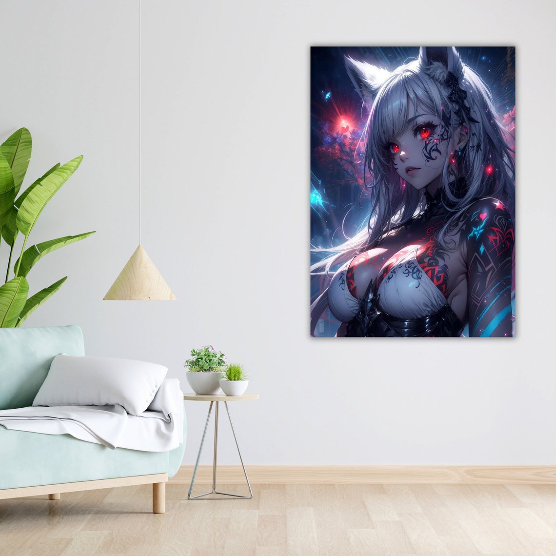 Digital Anime Cat Girl Silver Hair Red Eyes Cosmic Neon Art Poster - Image 4