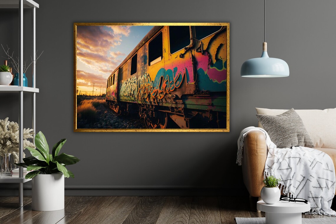 Graffiti Train Cars Sunset Golden Hour Urban Street Photo Poster - Image 4