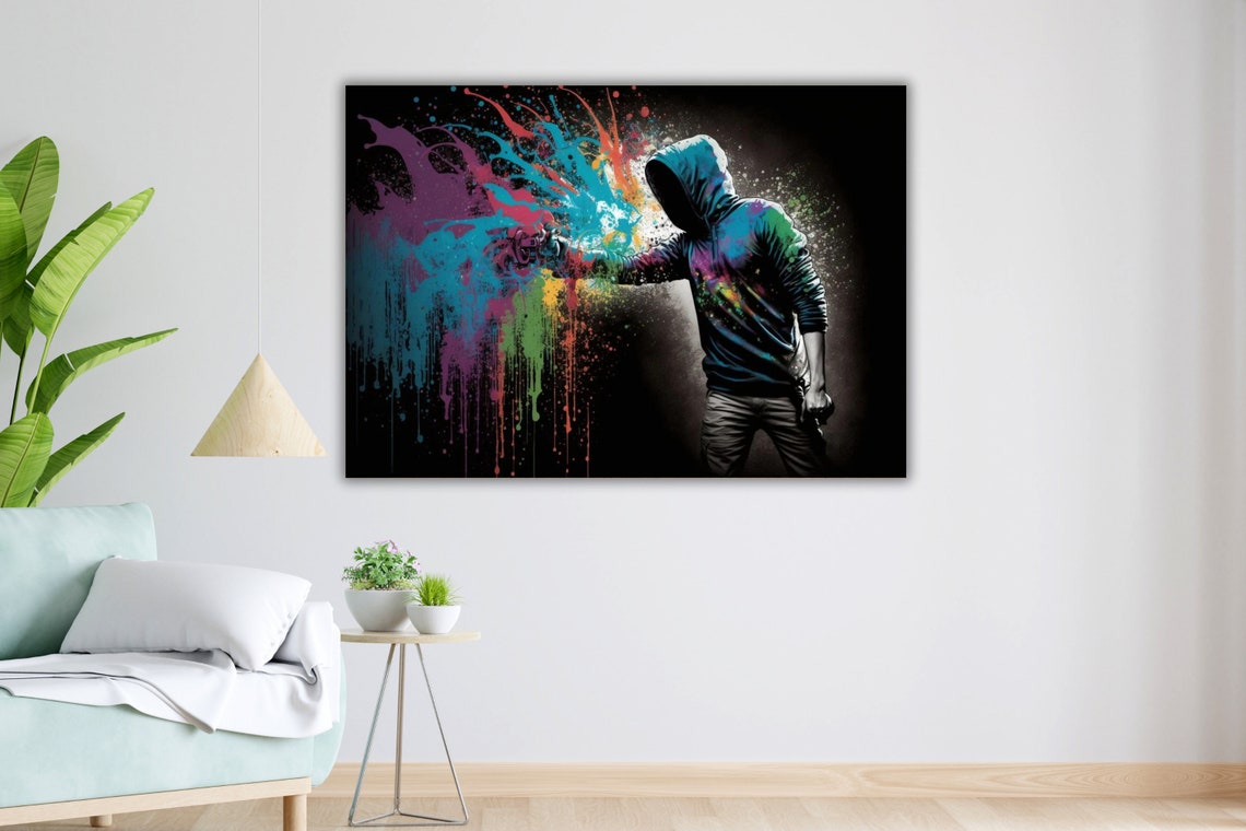 Hooded Graffiti Artist Spray Paint Color Burst Street Art Wall Poster