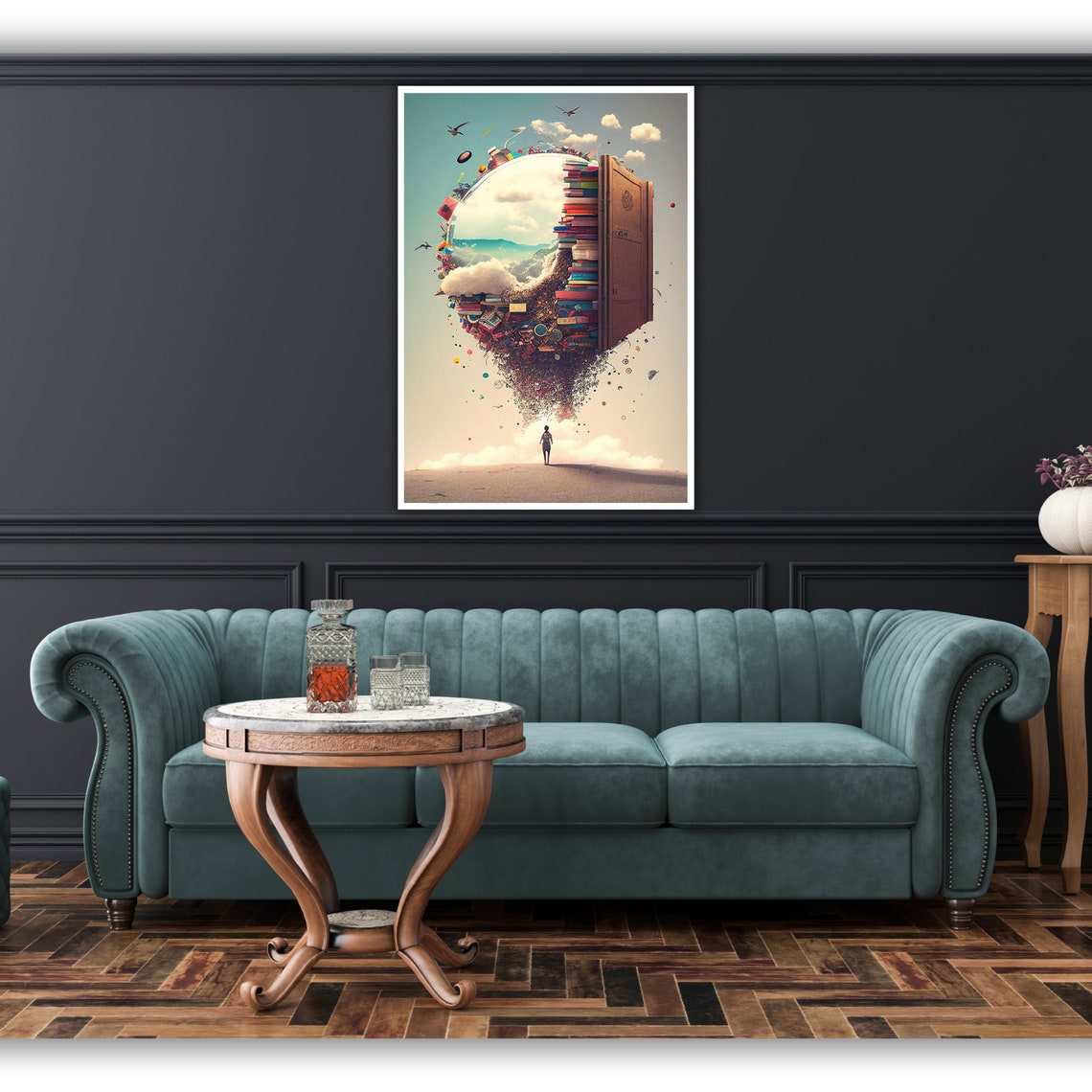 Surreal Library Hot Air Balloon Books Floating Door Nursery Art Poster - Image 2