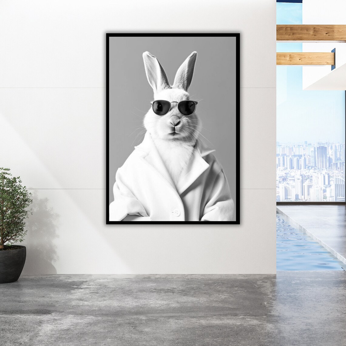 White Rabbit Wearing Sunglasses Black And White Cool Bunny Photo Poster - Image 2