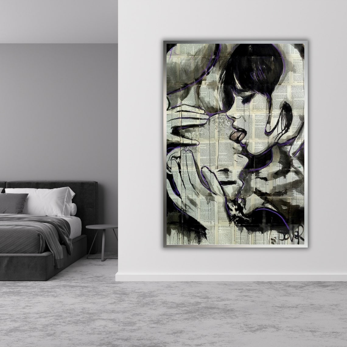 Kissing Couple Ink Sketch Newspaper Collage Black White Art Poster - Image 3