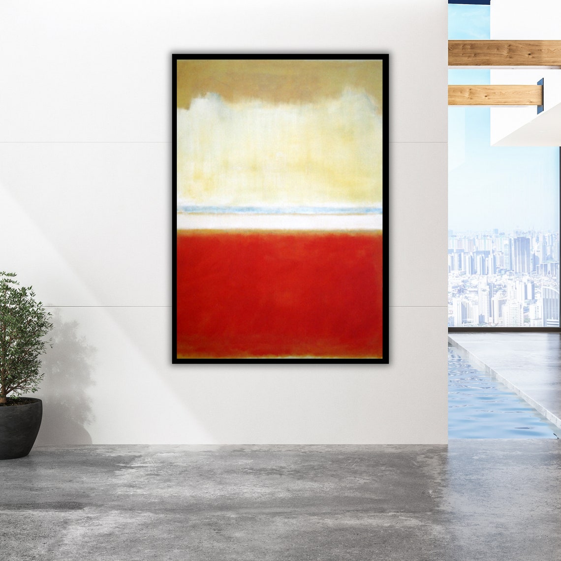 Soft Mark Rothko Style Cream Red Blue Line Abstract Art Poster - Image 2