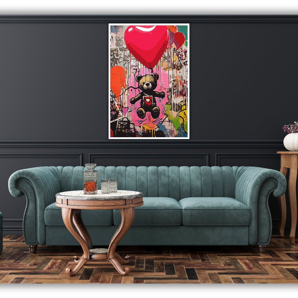 Graffiti Teddy Bear Red Heart Balloon Colorful Street Art Poster - Image 4