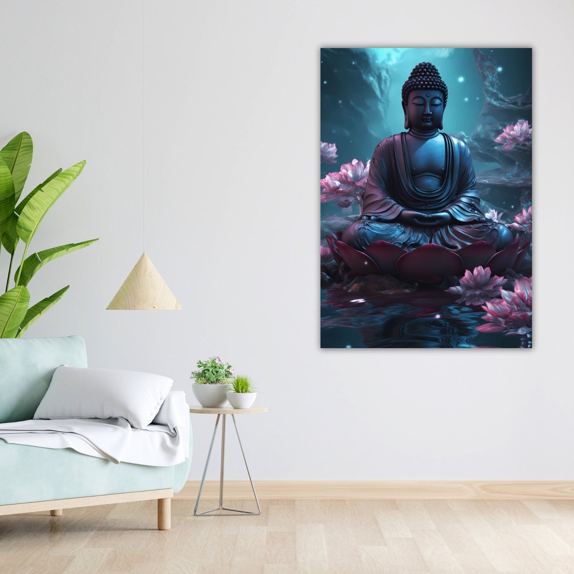 Blue Buddha Lotus Pond Pink Blossoms Moonlit Night Zen Art Poster - Image 5